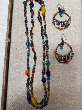 Vintage Multicolor Glass Beaded Necklace and Hoop Earrings Set